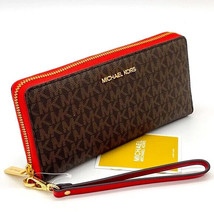 Michael Kors Jet Set Large Continental Wallet Signature Brown Red Wristlet NWT Y - £58.37 GBP