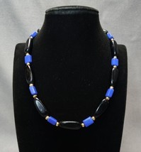 Vintage Napier Blue &amp; Black Beaded Gold-tone Choker Collar  Necklace 16&quot; Jewelry - £15.79 GBP