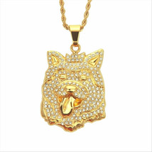 2Ct Round Cut CZ Moissanite WOLF Pendant 14K Yellow Gold Silver Plated 18&#39;&#39;Chai - £144.68 GBP