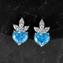 Fashion Pure S925 Sterling Silver Heart Shape Sky Blue Zircon Crystal Stud Earri - £58.88 GBP