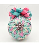 Handmade Pink and Blue Quilted Keepsake Ornament with Rhinestone Flower - $23.00