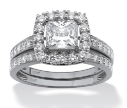 Princess Square Halo Cz Bridal 2 Ring Set 10K White Gold 6 7 8 9 10 - £723.84 GBP