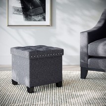 Gray Nathan James 71103 Payton Foldable Fabric Ottoman With Wooden Lid, Cube - £31.86 GBP
