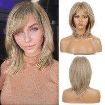 Short Bob Blonde Wig with Bangs Mixed Color Gray Brown Layered Synthetic... - £19.99 GBP