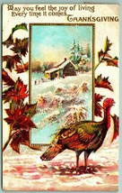 Thanksgiving Greetings Turkey Winter Cabin Maple Leafs Embossed DB Postcard I10 - £3.84 GBP