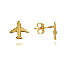 14K Solid Yellow Gold Small Airplane Travel Stud Earrings - £110.04 GBP