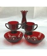 Vtg Lot Anchor Hocking Footed Ruby Red Sugar Creamer Vase 2 Fruit Bowls - $41.38