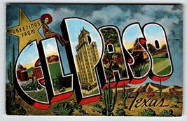 Greetings From El Paso Texas Large Letter Linen Postcard Kropp Cactus Cowgirl - £8.39 GBP