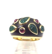 14k Yellow Gold Women&#39;s Vintage Color Stone Ring W/ Black Enamel, Emeral... - £1,197.53 GBP