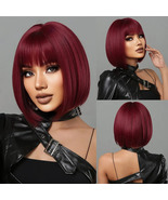 Short Wine Red Bob Wigs For Women Burgundy Bob Wigs With Thick Bangs Hea... - £27.63 GBP