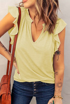 Yellow Casual Solid V Neck Butterfly Sleeve Tee, Womens Shirt, Women&#39;s B... - £19.61 GBP