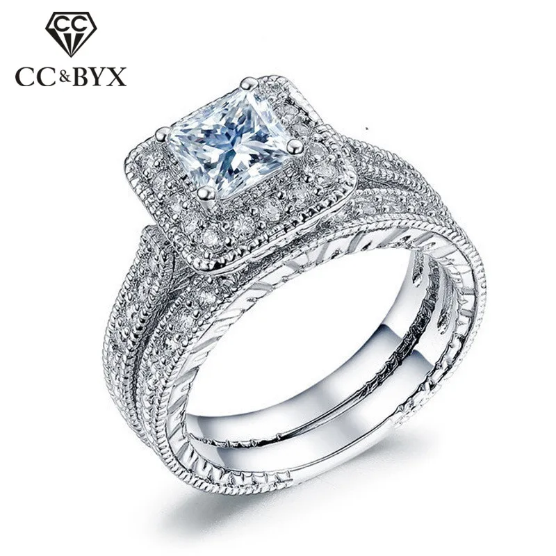 Couple Sets Rings For Women Bridal Wedding Cubic Zirconia Square Stone Luxury Lo - £13.81 GBP