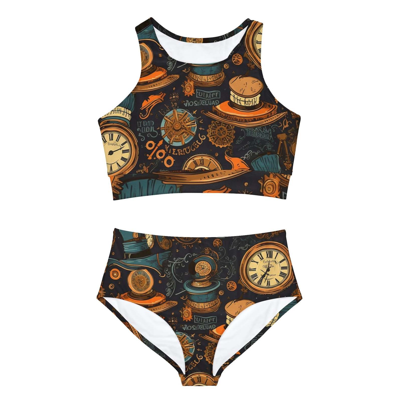 Steampunk Aesthetic: Gears, Top Hats & Vintage Clocks Design Sporty Bikini Set (