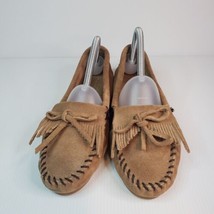 Womens Minnetonka Kilty Leather Suede Moccasins Fringe Shoes Size 8 Taupe - £14.87 GBP