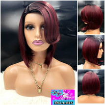 Patti Labelle&quot; Burgundy heat resistant Synthetic Wig Part With Bangs Bob wig Ful - £43.15 GBP