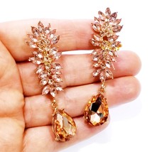 Clip On Earrings, Peach Drop Pageant Earrings , Rhinestone Chandelier Prom Earri - £25.39 GBP