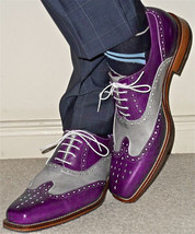  New Handmade men&#39;s fashion wingtip two tone shoes, Men Purple and gray brogue s - £114.83 GBP