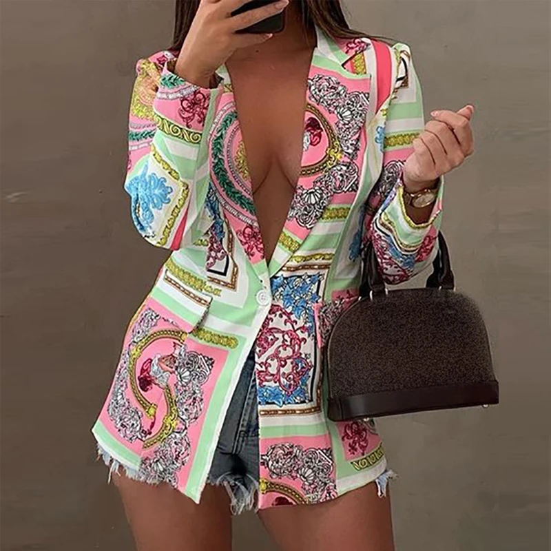 Women Cardigan Suit Jacket Retro Pattern Print Office Lady Slim Blazer Elegant T - £130.53 GBP