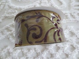 2-1/2&quot; Wide BURGUNDY ON GOLD SWIRL Wired RIBBON ROLL - 25 Yds. - $18.75