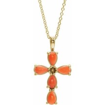 Authenticity Guarantee 
14k Yellow Gold Pink Coral Cross Necklace - £722.54 GBP