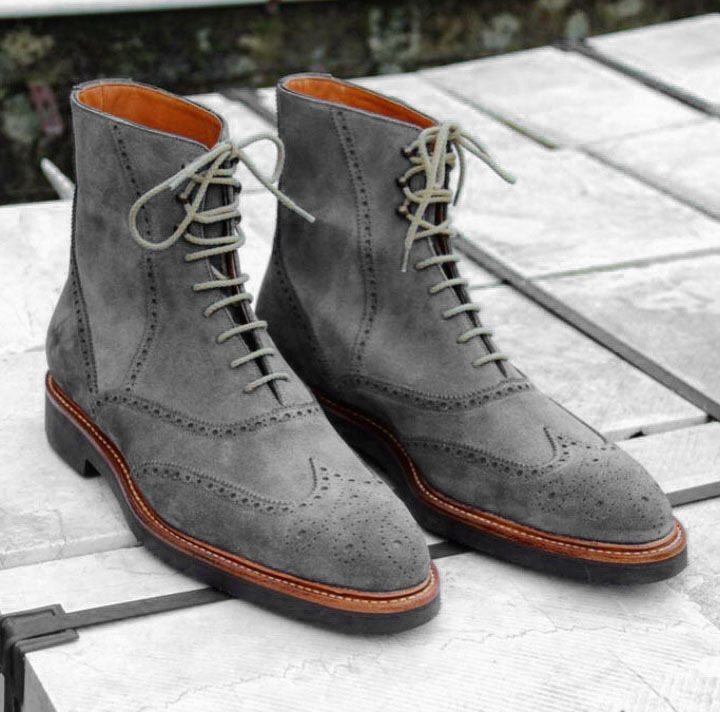 High Ankle Boots Men Gray Suede Leather Brogue Toe Premium Quality Handmade
