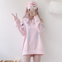  hoodies harajuku lolita cute off shoulder plaid women pink sweatshirts fashion lace up thumb200