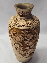 Vintage 9&quot; Oriental Carved Resin Vase Jug Bottle Urn With Brass Top And ... - $16.95