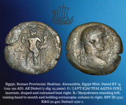 129-130 Ad (Ry 14) Römische Provincial Ägypten Hadrian AE Diobol Harpokrates - £37.00 GBP