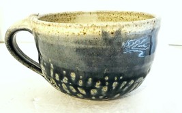 Studio Pottery Soup Mug Bowl Soda Fired White &amp; Blue Handmade 3&quot;H 5&quot;W Ch... - $13.49