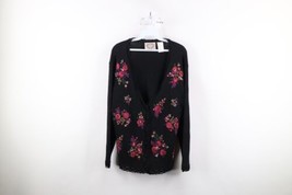 Vtg 90s Country Primitive Womens Medium Embroidered Flower Knit Cardigan Sweater - £47.44 GBP