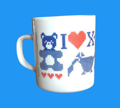 Vintage I Love Heart Cross Stitch Bear Pig Mug Coffee Cup - £9.41 GBP