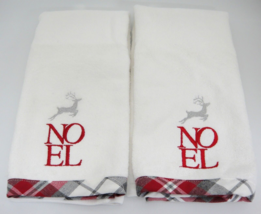 Noel Christmas 2 Hand Towels Ladinne Turkish Cotton White w Red Gray Plaid Trim - $14.84