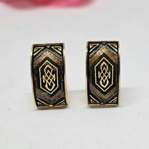 Vintage Damascene Spanish Rectangle Clip On Earrings Gold Plated Made In Spain - £19.94 GBP