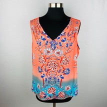 Daniel Rainn DR2 Blue Orange Gray Floral Print Smocked Shoulder Sleeveless Top L - £14.06 GBP