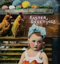 Easter Postcard RPPC Real Photo Rooster Farmer Girl Pastel Cedar Falls Iowa 1909 - £26.23 GBP