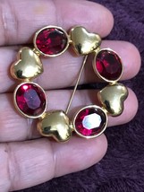 MONET Gold Tone Round Red Stones Hearts Brooch - £19.65 GBP