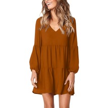 Women Long Sleeve Tunic Dress V Neck Swing Shift Dresses(Brown,Medium) - $59.99