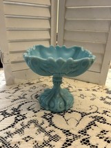 Vtg Vallerysthal Portieux Blue Milk Glass Compote French Pedestal Turquoise Tall - £42.88 GBP