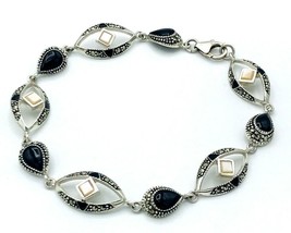 VTG Signed SU 925 Sterling Silver Black Onyx Marcasite Mother Of Pearl Bracelet - £51.32 GBP