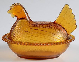 Vintage Depression Glass Amber Color Hen on Nest, Rooster, Chicken by Indiana Gl - £23.59 GBP