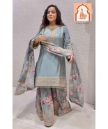 Sky Blue Floral Silk Top Palazzo &amp; Dupatta Set with Embroidery &amp; Sequenc... - $50.00