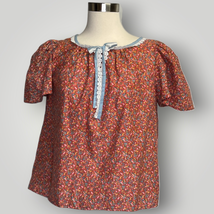 Vintage Top Prairie Calico Handmade Lace Tie Trim Red Medium Floral West... - $33.87