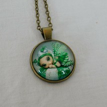 Green Striped Fairy Peppermint Bronze Tone Cabochon Pendant Chain Necklace Round - £2.39 GBP