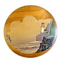 Plaque Myrtlewood Handpainted Lighthouse Seascape Wooden Signed J. Church Vtg - £22.07 GBP