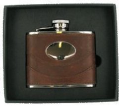 Brown Spanish Leather 4oz Hip Flask Set with Engravable Plate FL29S - £40.91 GBP