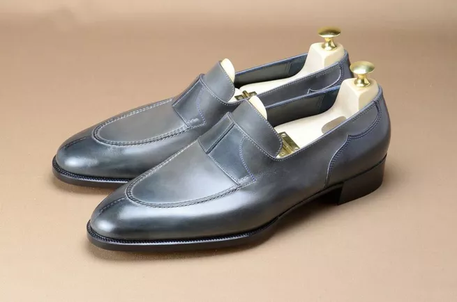 New Men Dark Gray Leather Formal Handmade Loafers Slip Ons Party Wear Shoes  - $179.99