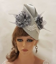 SILVER Grey Fascinator Straw weave Floral Hat fascinator Womens ChurchDe... - $77.00