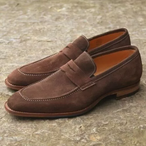 Handmade Men&#39;s Brown Suede Leather Penny Loafer Slip On Moccasins Shoes ... - $159.99