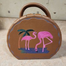 Flamingo Purse Round Hard Case w Handle &amp; Detach Strap  Brown Pink Faux ... - $35.64