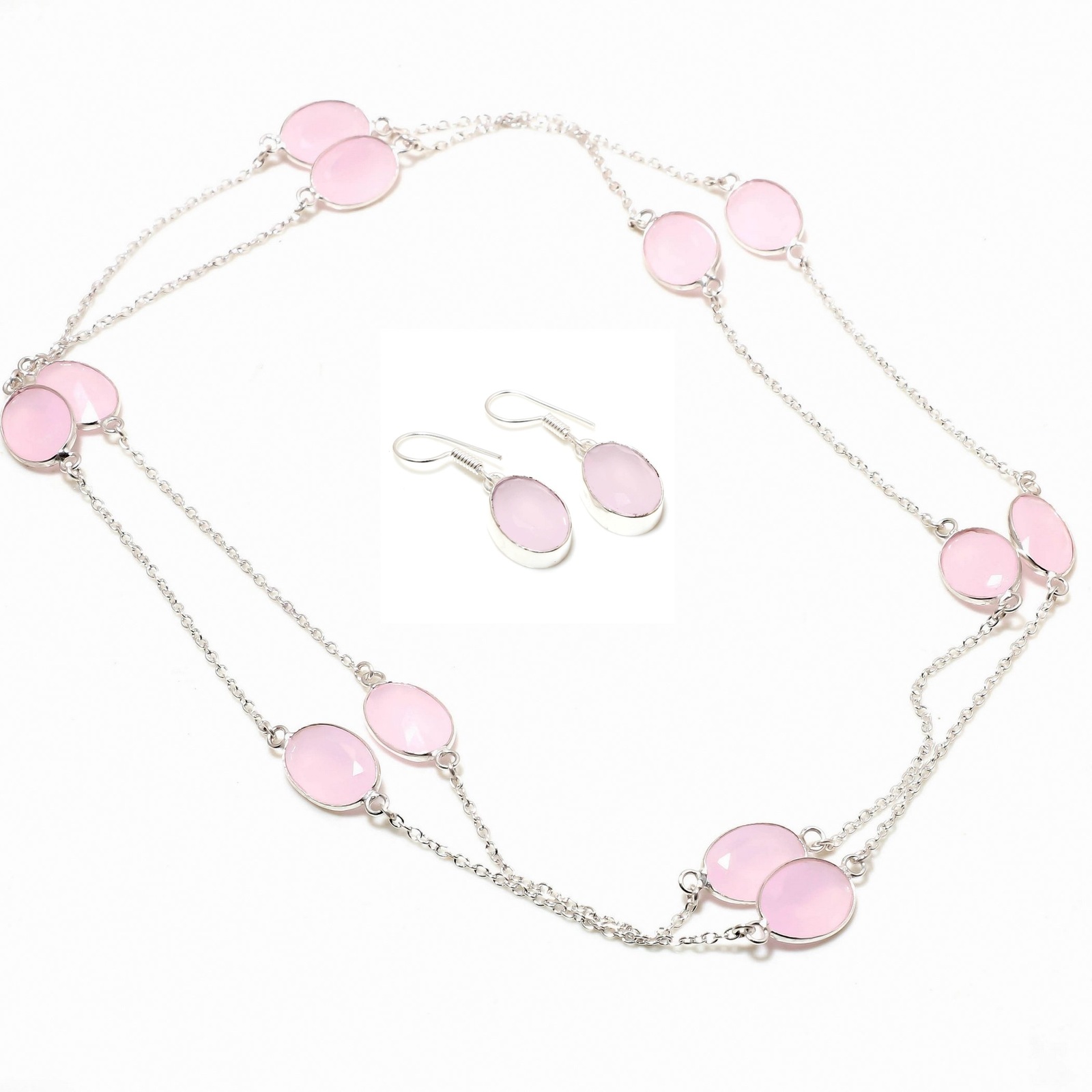 Rose Quartz Oval Shape Handmade Fashion Ethnic Necklace Set Jewelry 36" SA 6722 - £5.58 GBP